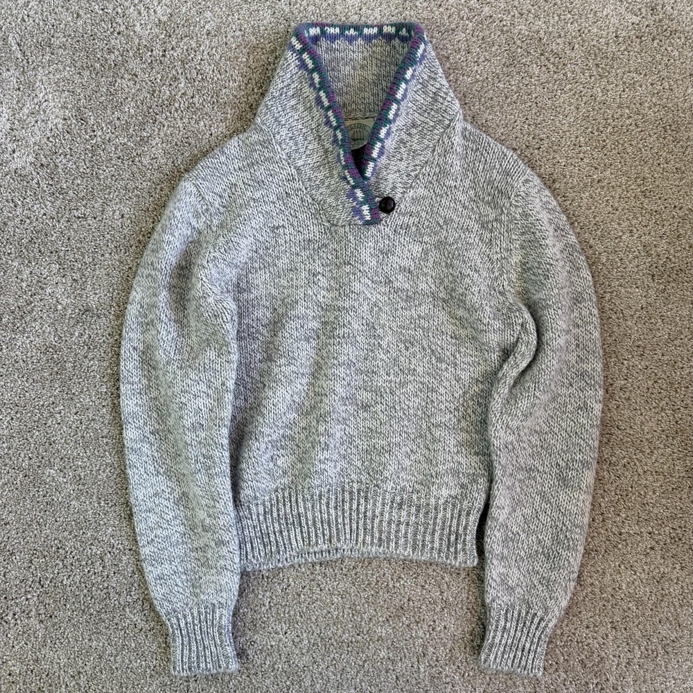 Vintage Classic New England Sweater Womens Large Gray Shawl Collar Knit Chunky